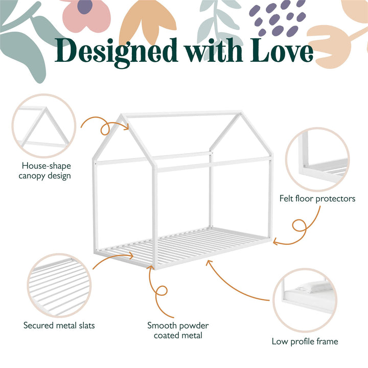 Rowan Valley Skyler Sturdy Floor Metal House Bed with Slats - White - Twin