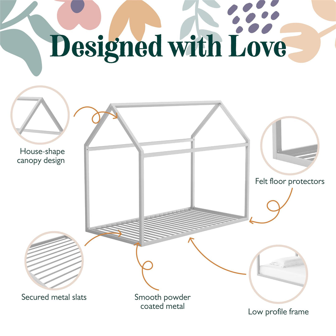 Rowan Valley Skyler Sturdy Floor Metal House Bed with Slats - Dove Gray - Twin