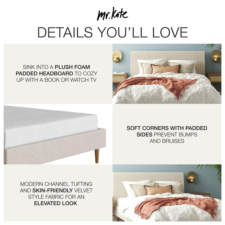 Daphne Velvet Upholstered Bed with Channel Tufted Headboard - Ivory - Queen