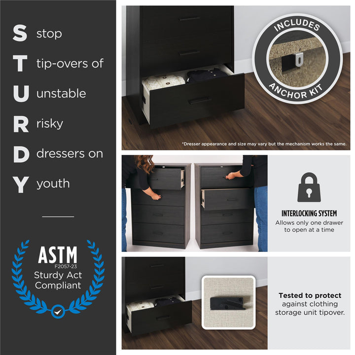 Brookshore Tall 4-Drawer Dresser - Black Oak - 4 Drawer