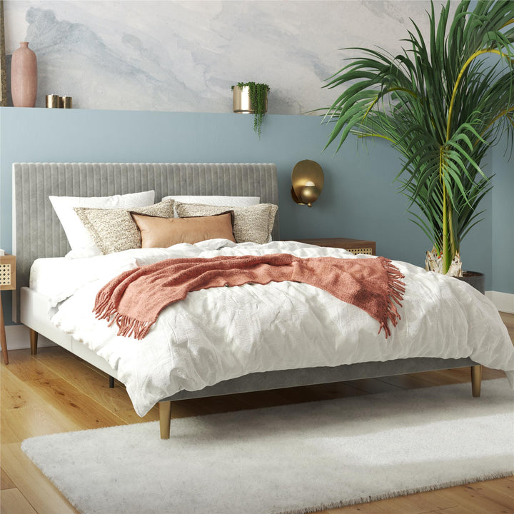 Daphne Velvet Upholstered Bed with Channel Tufted Headboard - Light Gray - Full