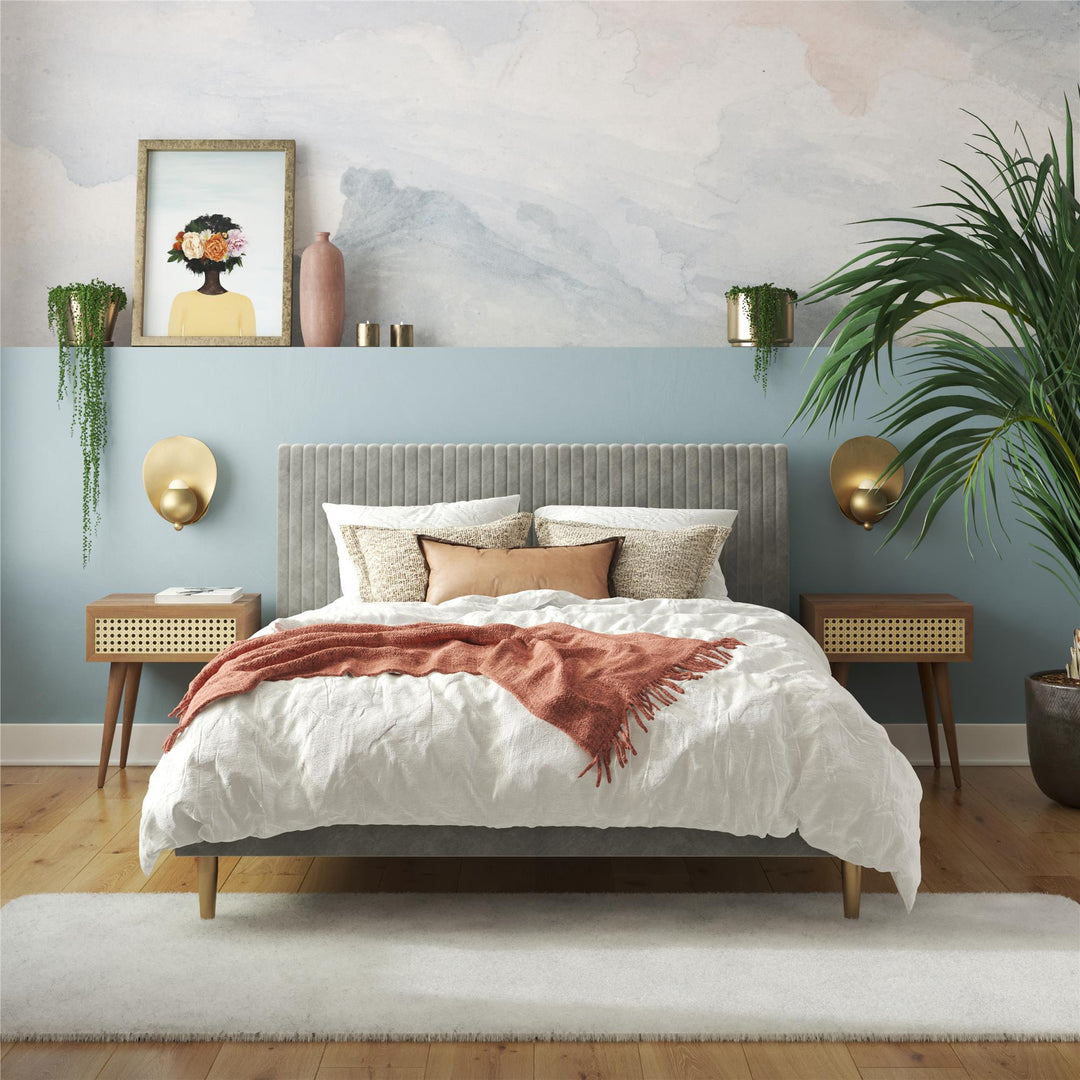 Daphne Velvet Upholstered Bed with Channel Tufted Headboard - Light Gray - Queen