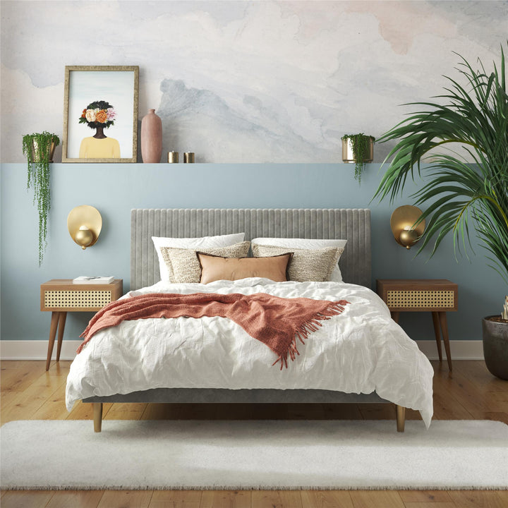 Daphne Velvet Upholstered Bed with Channel Tufted Headboard - Light Gray - Queen