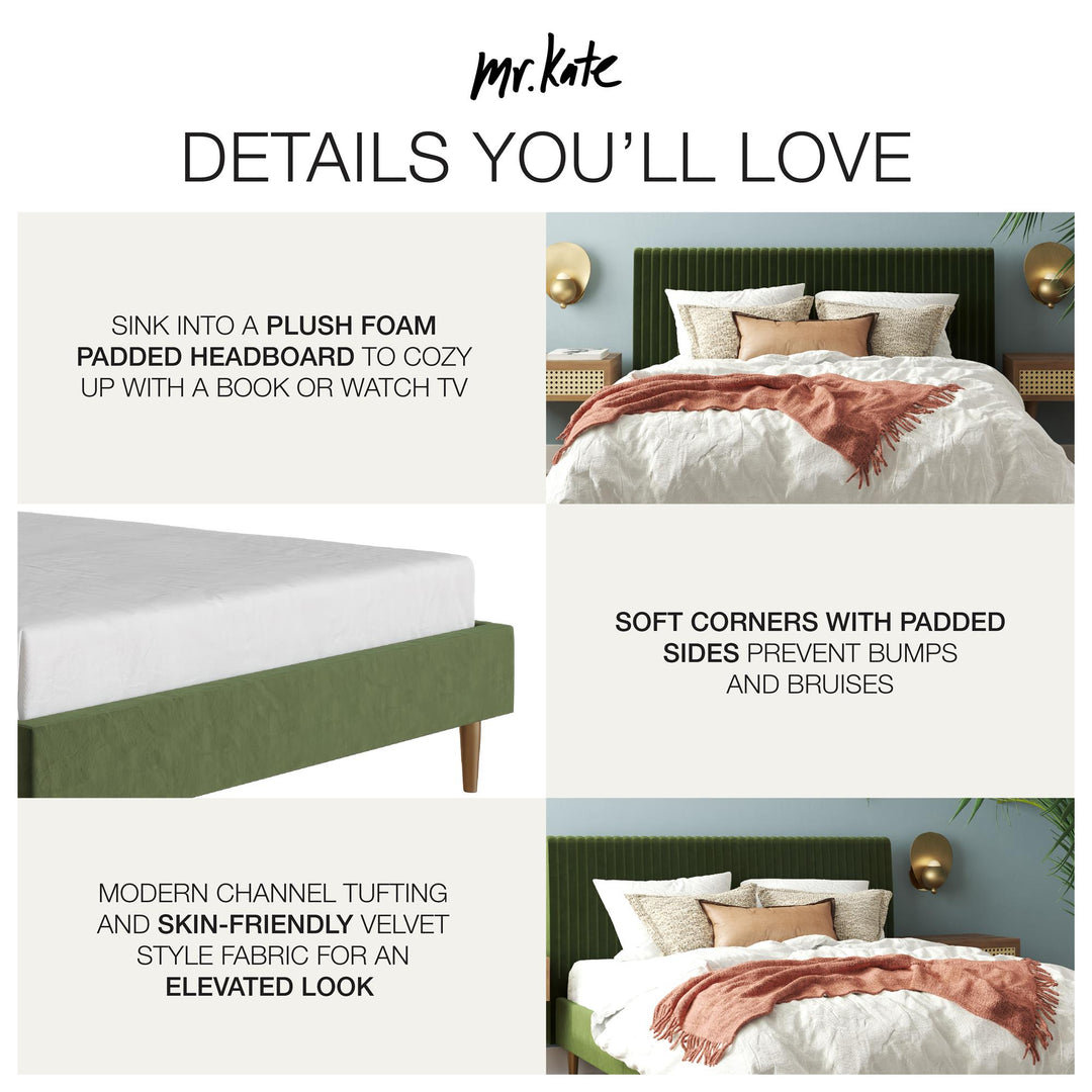 Daphne Velvet Upholstered Bed with Channel Tufted Headboard - Olive Green Velvet - Queen