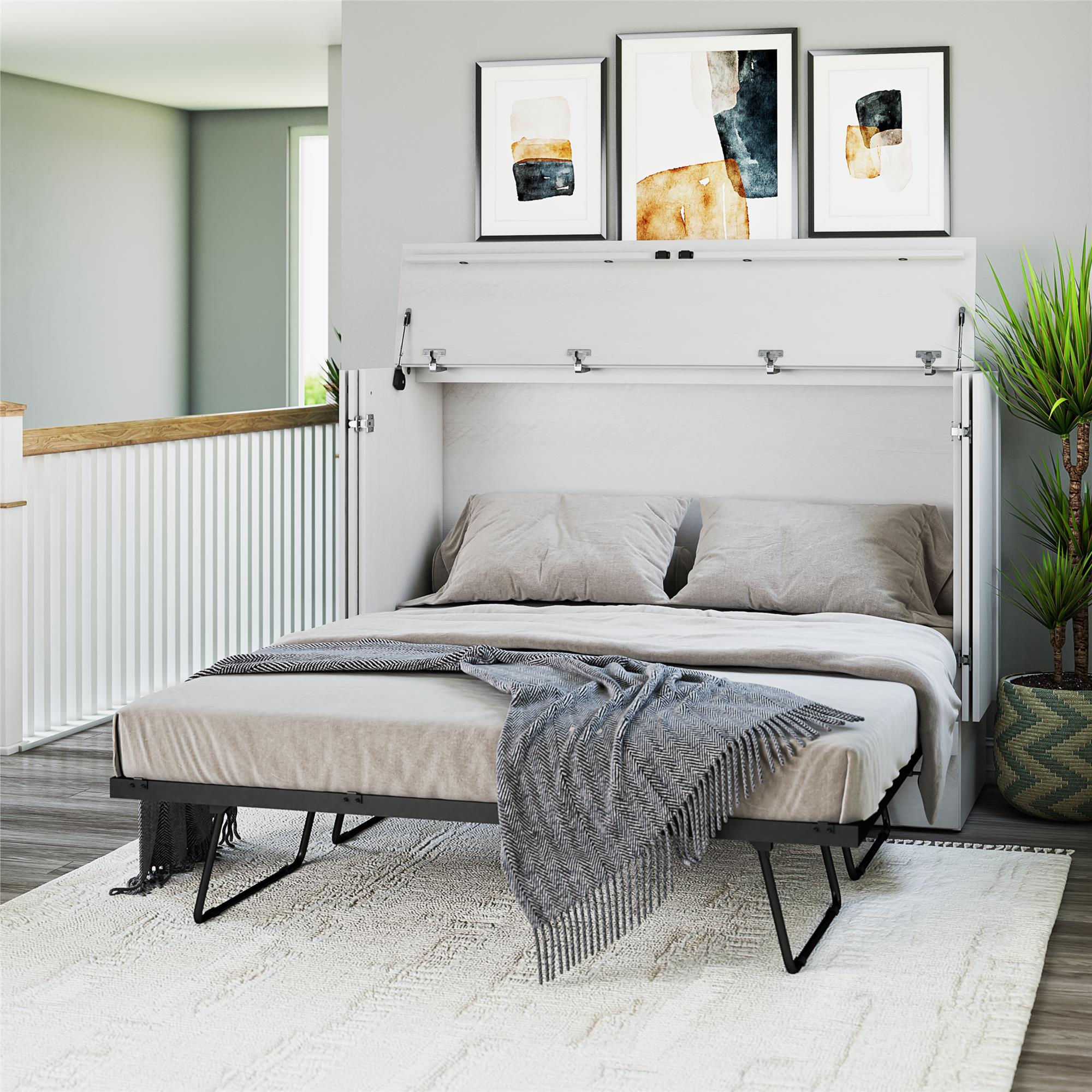 Paramount Trifold Cabinet Murphy Bed with Mattress and Storage Drawers - Ivory Oak - Queen