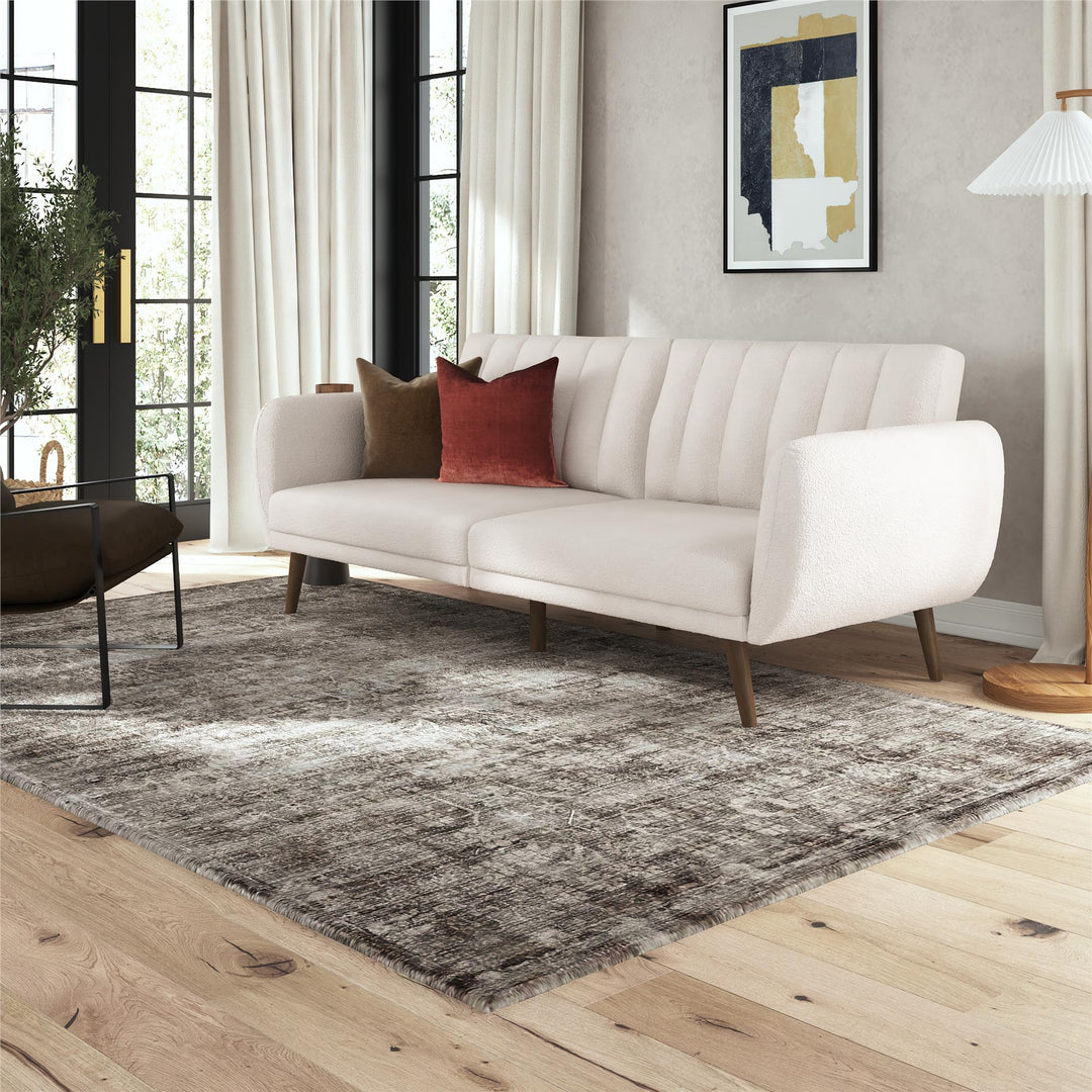 Brittany Futon with Vertical Channel Tufting and Curved Armrests - Ivory Boucle