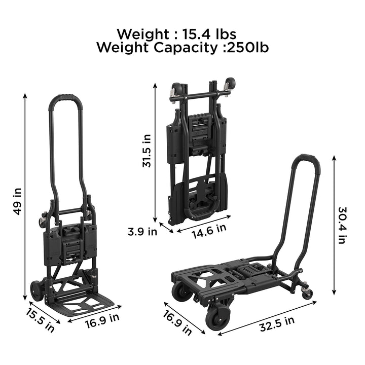 Shifter 2 in 1 Folding Hand Truck/Cart, Black, Large Toe Plate - Black