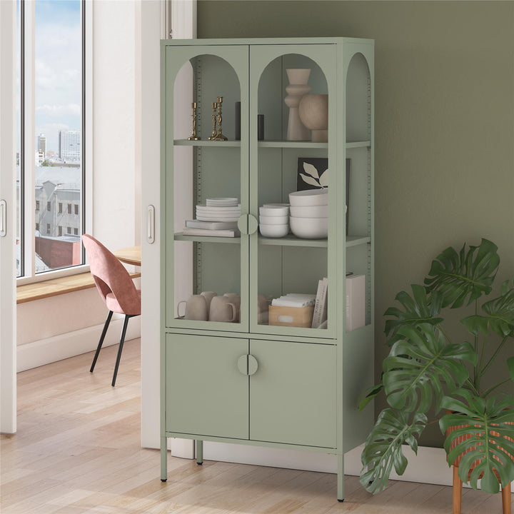 Chloe Tall Metal Display Cabinet with 2 Arched Glass Doors - Pale Green - Tall