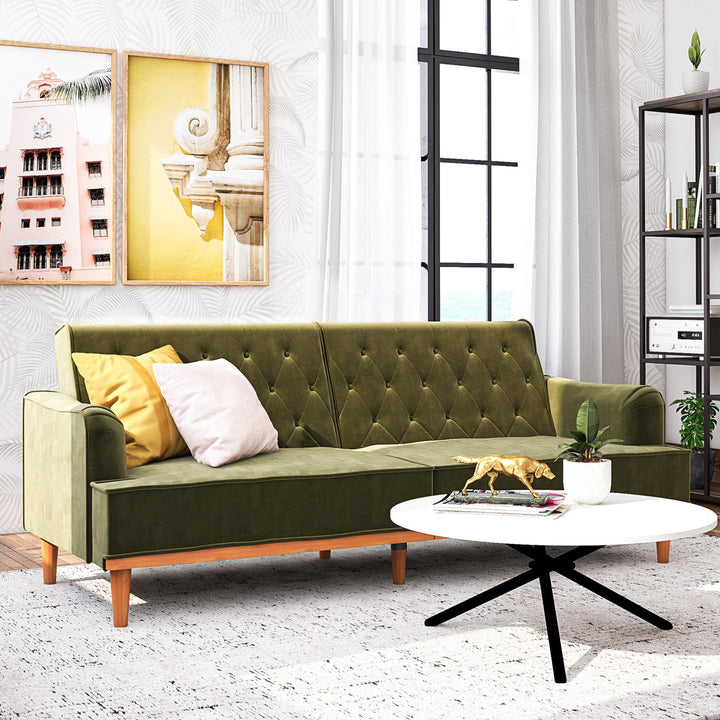 Stella Vintage Convertible Sofa Bed Futon - Olive Green Velvet - 3-Seater