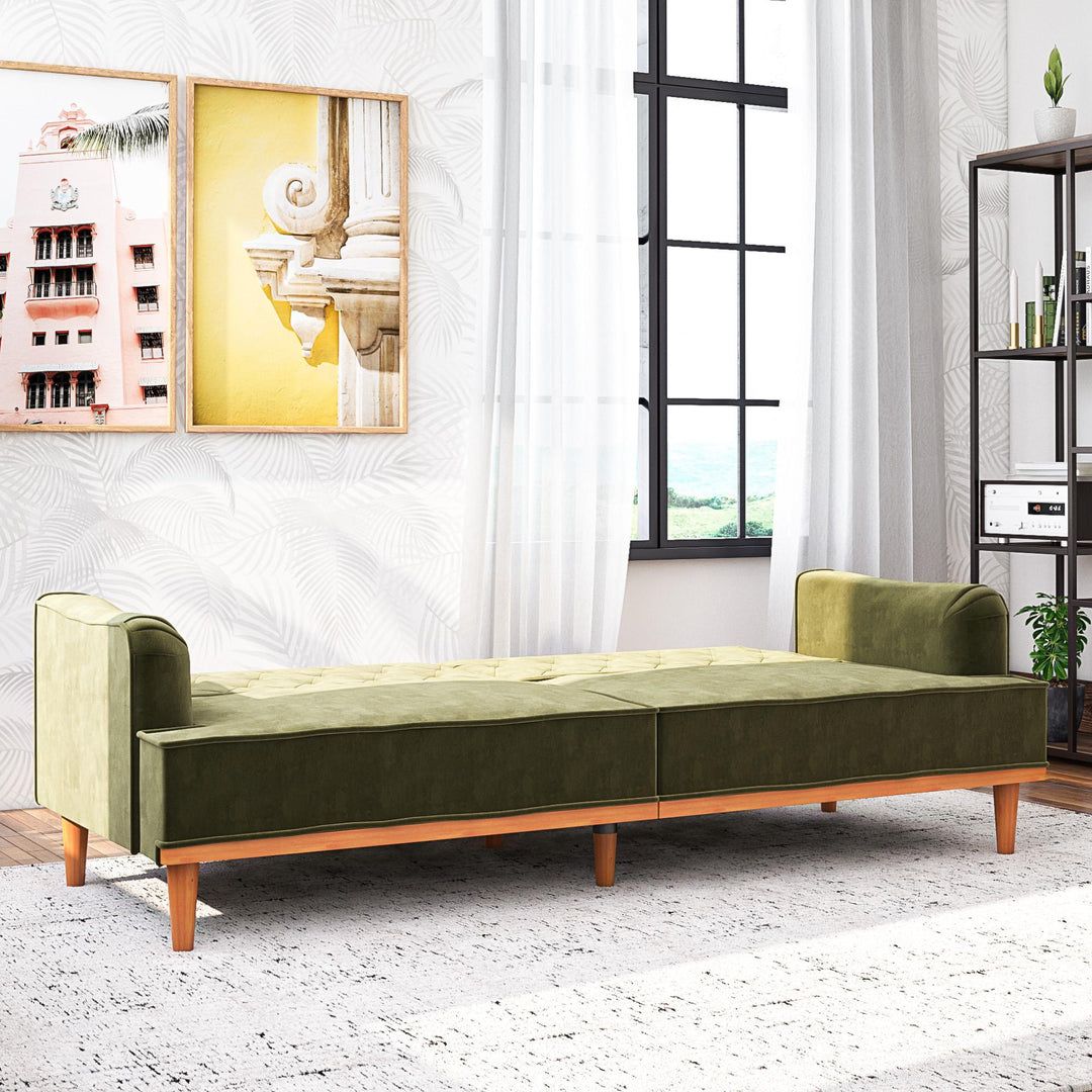 Stella Vintage Convertible Sofa Bed Futon - Olive Green Velvet - 3-Seater