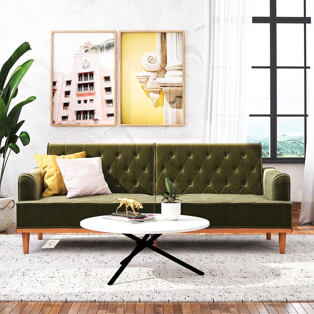 Stella Vintage Convertible Sofa Bed Futon - Olive Green Velvet - 3-Seater