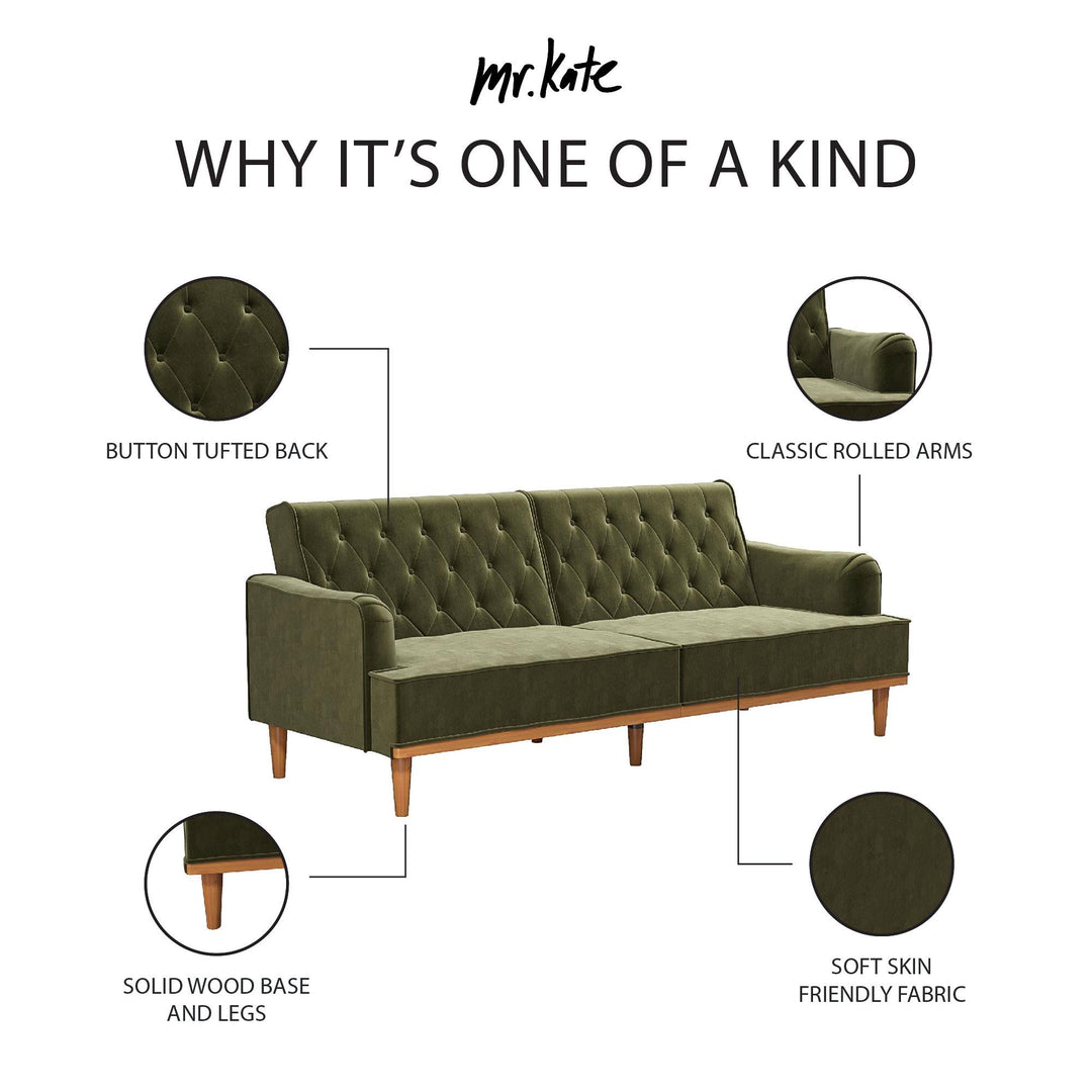 Stella Vintage Convertible Sofa Bed Futon - Olive Green Velvet - 3-Seater