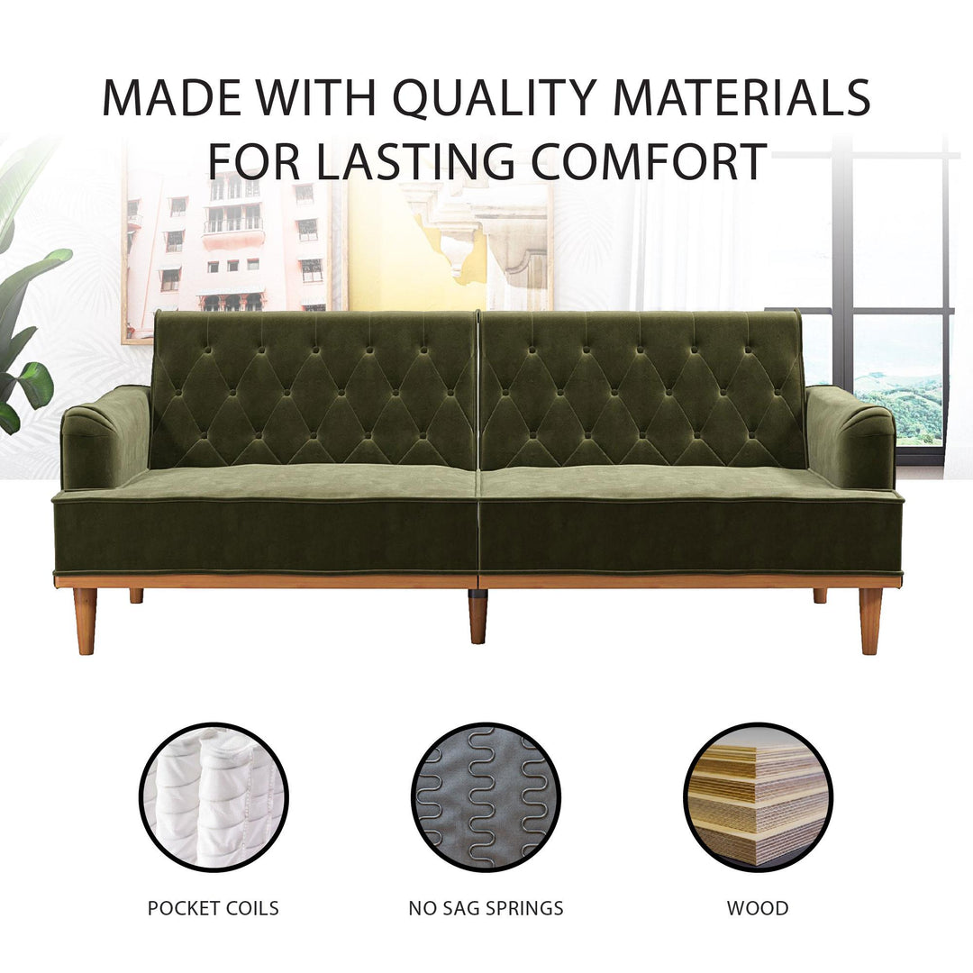 Stella Vintage Convertible Sofa Bed Futon - Olive Green Velvet - 3-Seater
