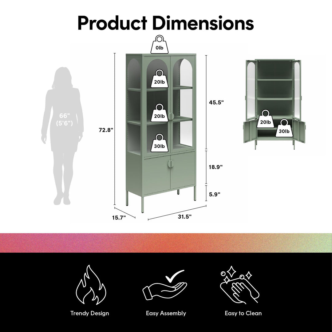 Chloe Tall Metal Display Cabinet with 2 Arched Glass Doors - Pale Green - Tall