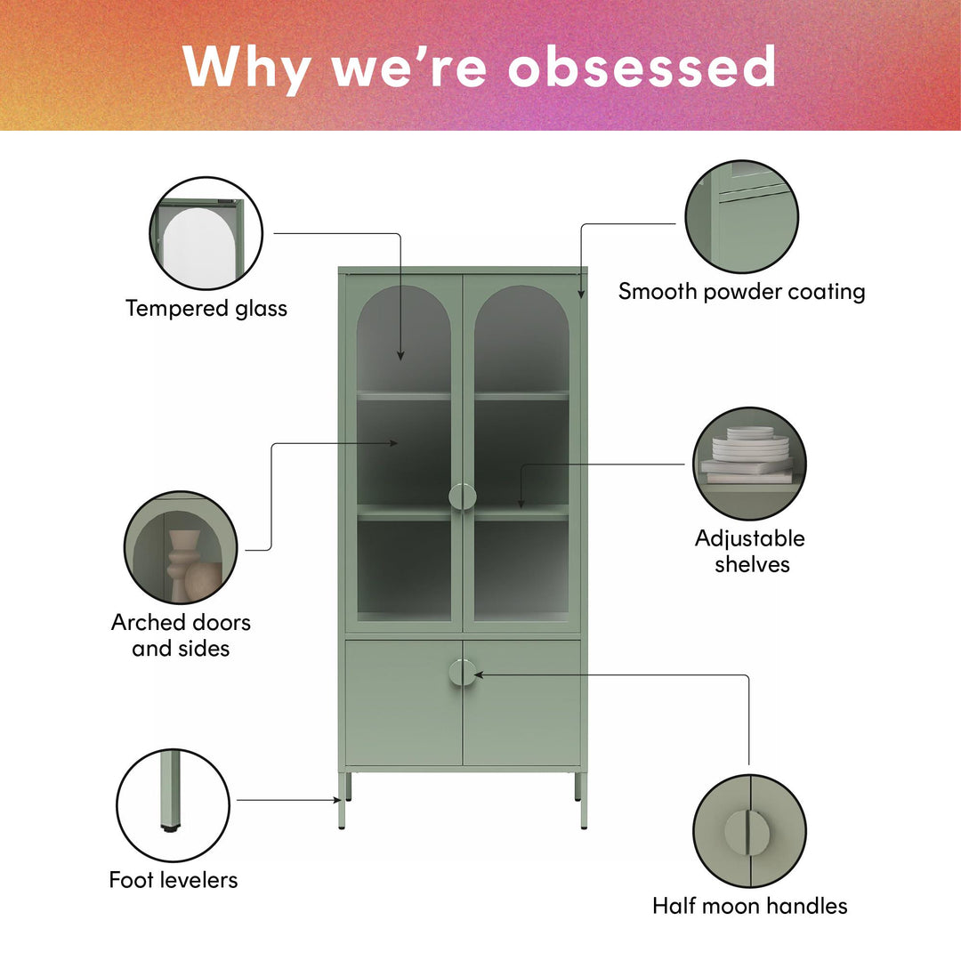 Chloe Tall Metal Display Cabinet with 2 Arched Glass Doors - Pale Green - Tall