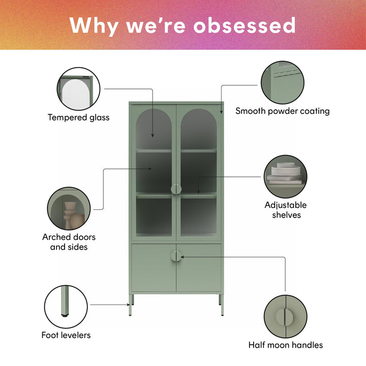 Chloe Tall Metal Display Cabinet with 2 Arched Glass Doors - Pale Green - Tall