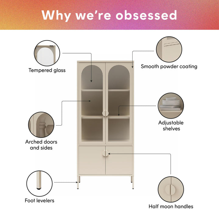 Chloe Tall Metal Display Cabinet with 2 Arched Glass Doors - Parchment - Tall