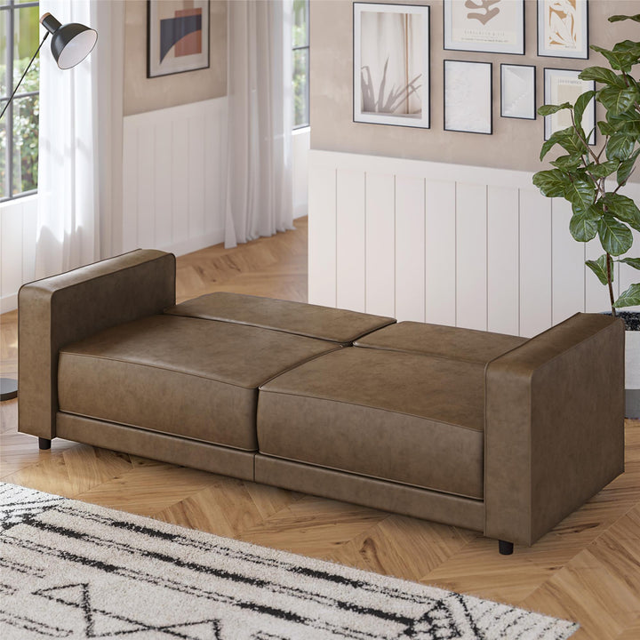 Allie Faux Leather Futon Sofa Bed - Brown Faux Leather - 3-Seater