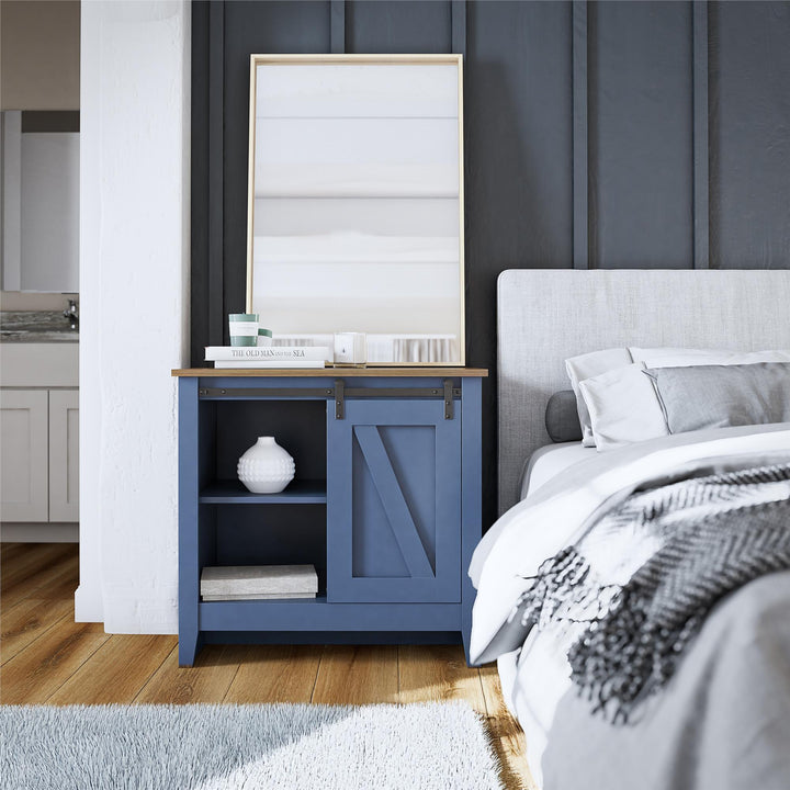 Alton Nightstand with Sliding Barn Door and 4 Shelves - Stone Blue/Rustic Walnut