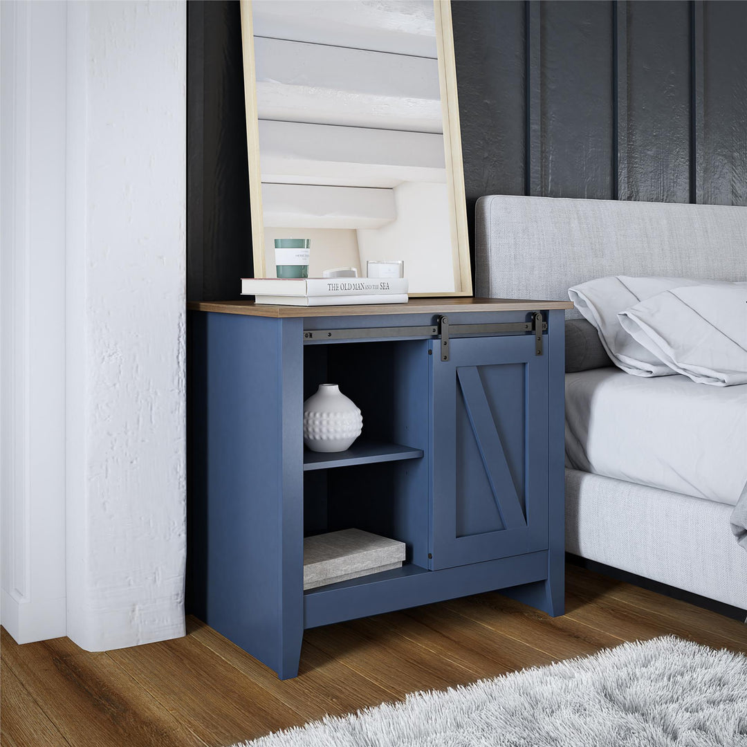 Alton Nightstand with Sliding Barn Door and 4 Shelves - Stone Blue/Rustic Walnut