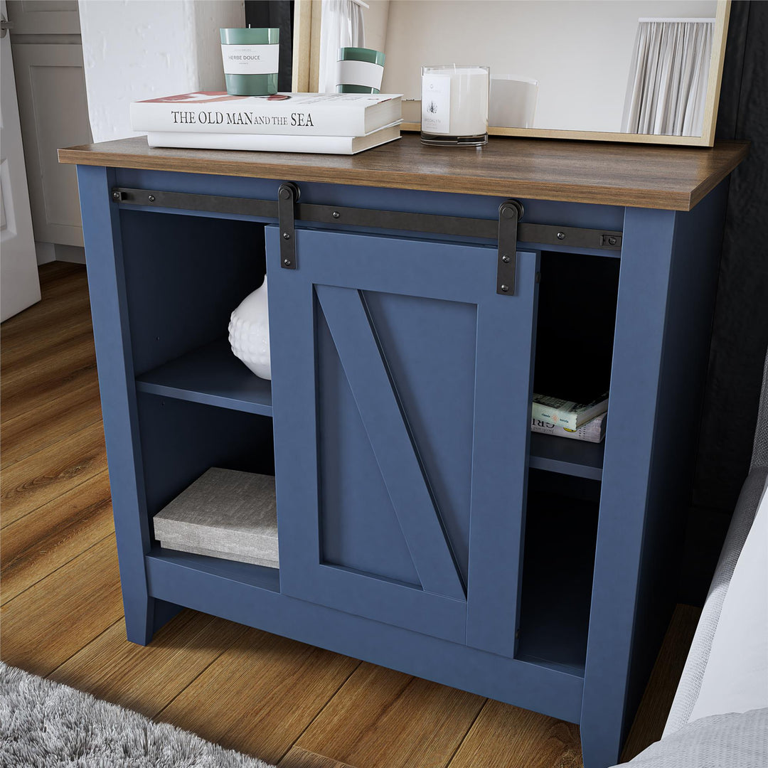 Alton Nightstand with Sliding Barn Door and 4 Shelves - Stone Blue/Rustic Walnut