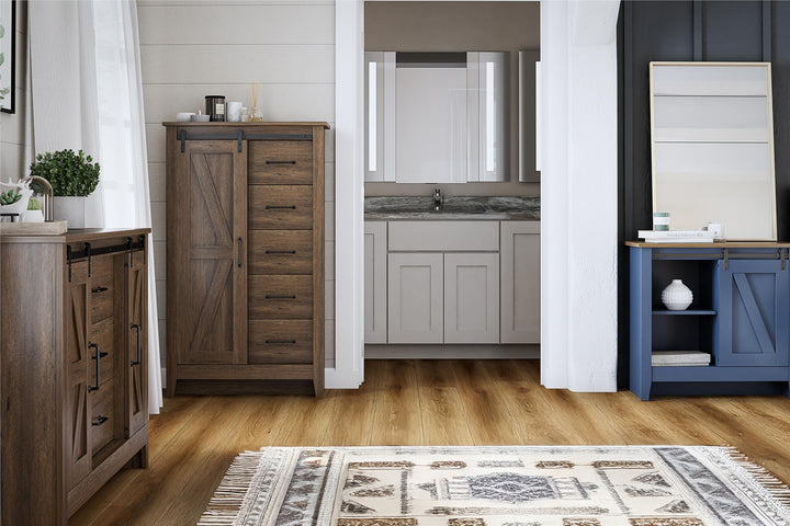 Alton Nightstand with Sliding Barn Door and 4 Shelves - Stone Blue/Rustic Walnut