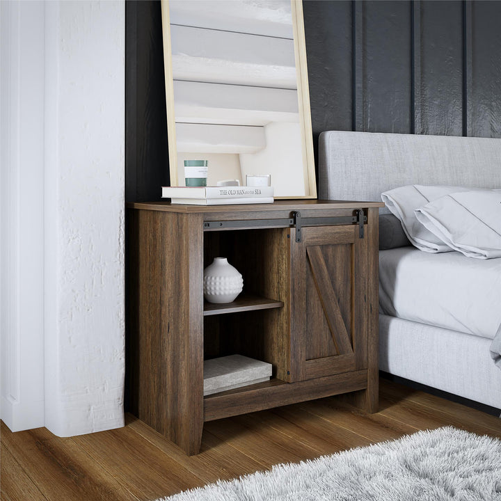 Alton Nightstand with Sliding Barn Door and 4 Shelves - Rustic Walnut