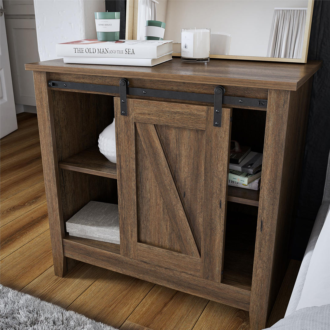 Alton Nightstand with Sliding Barn Door and 4 Shelves - Rustic Walnut