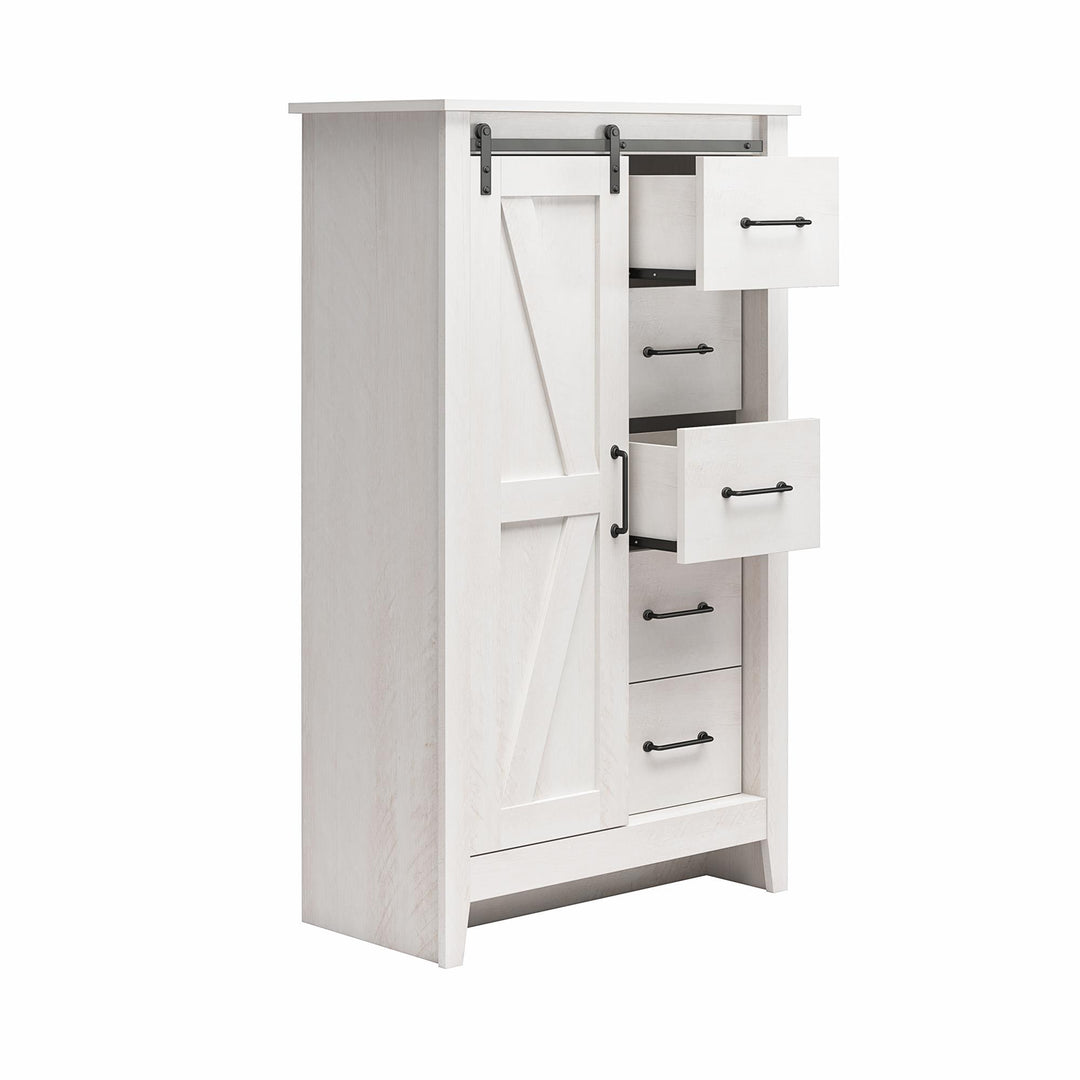 Alton Tall 5 Drawer Dresser with Sliding Barn Door and 3 Shelves - Magnolia Oak - 5 Drawer