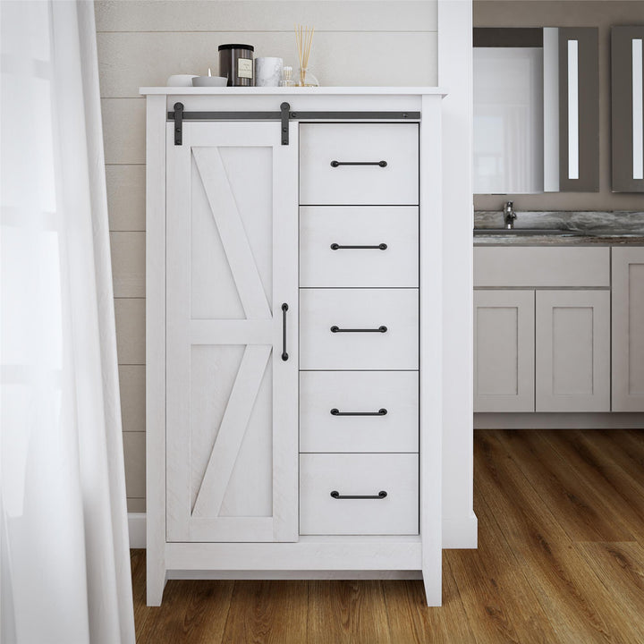 Alton Tall 5 Drawer Dresser with Sliding Barn Door and 3 Shelves - Magnolia Oak - 5 Drawer