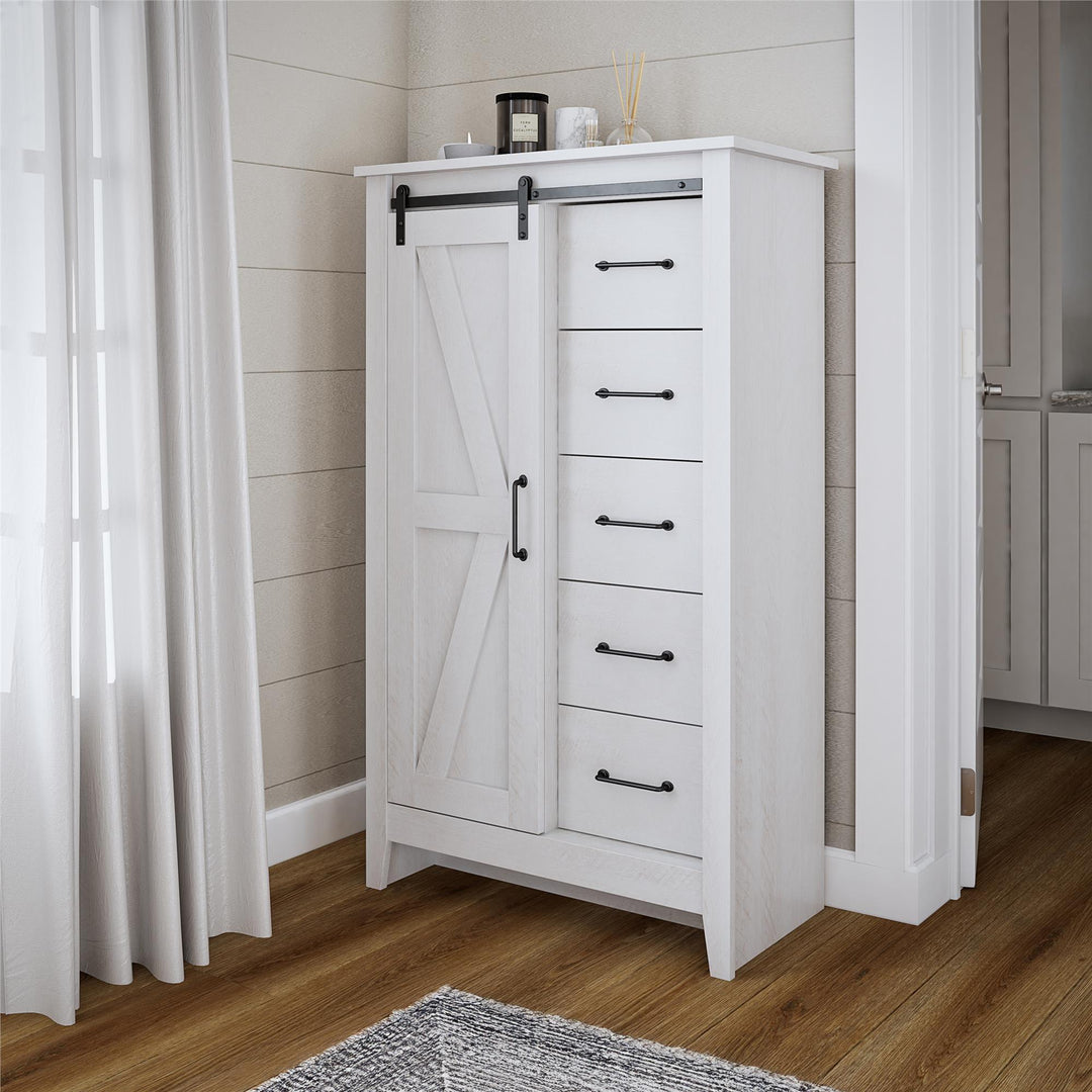 Alton Tall 5 Drawer Dresser with Sliding Barn Door and 3 Shelves - Magnolia Oak - 5 Drawer