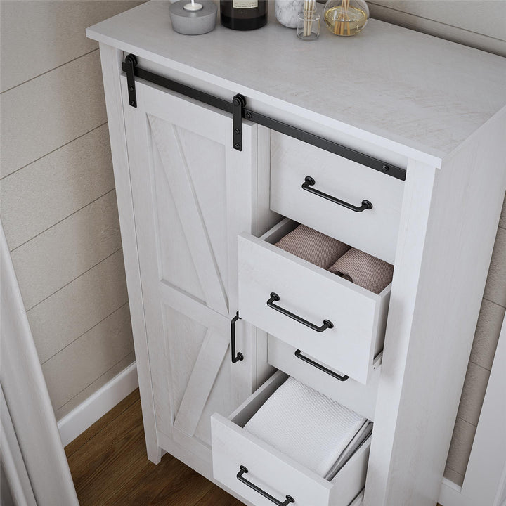 Alton Tall 5 Drawer Dresser with Sliding Barn Door and 3 Shelves - Magnolia Oak - 5 Drawer