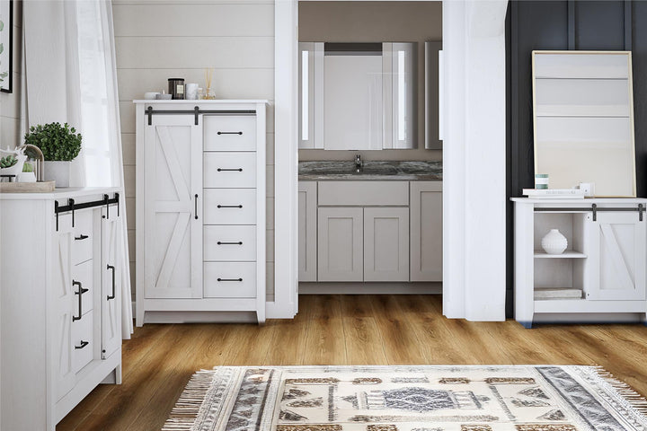 Alton Tall 5 Drawer Dresser with Sliding Barn Door and 3 Shelves - Magnolia Oak - 5 Drawer