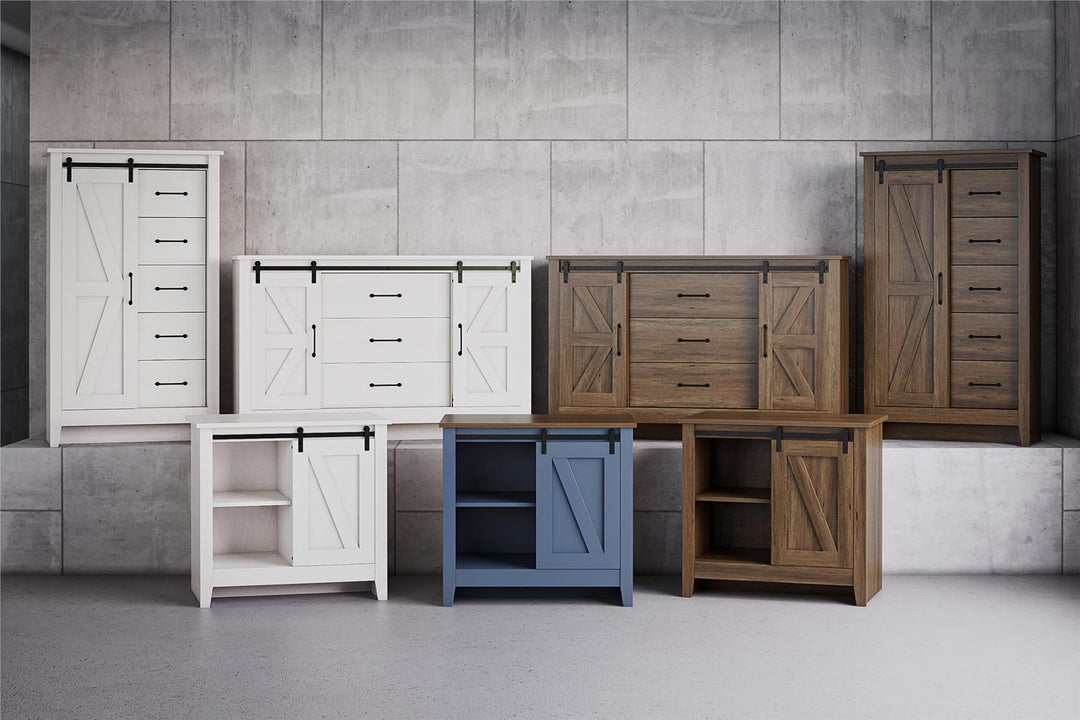 Alton Tall 5 Drawer Dresser with Sliding Barn Door and 3 Shelves - Magnolia Oak - 5 Drawer