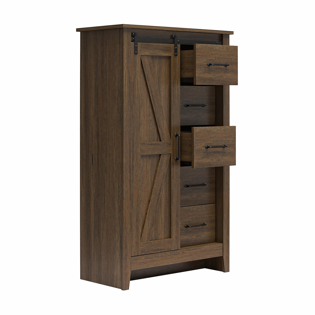 Alton Tall 5 Drawer Dresser with Sliding Barn Door and 3 Shelves - Rustic Walnut - 5 Drawer