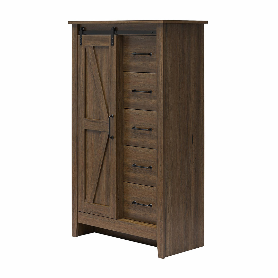 Alton Tall 5 Drawer Dresser with Sliding Barn Door and 3 Shelves - Rustic Walnut - 5 Drawer