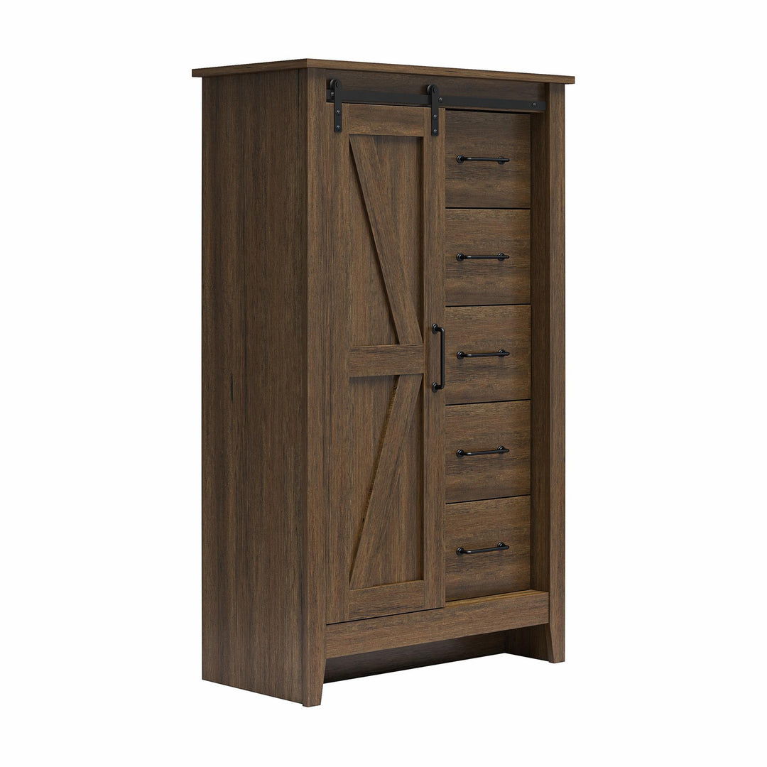 Alton Tall 5 Drawer Dresser with Sliding Barn Door and 3 Shelves - Rustic Walnut - 5 Drawer