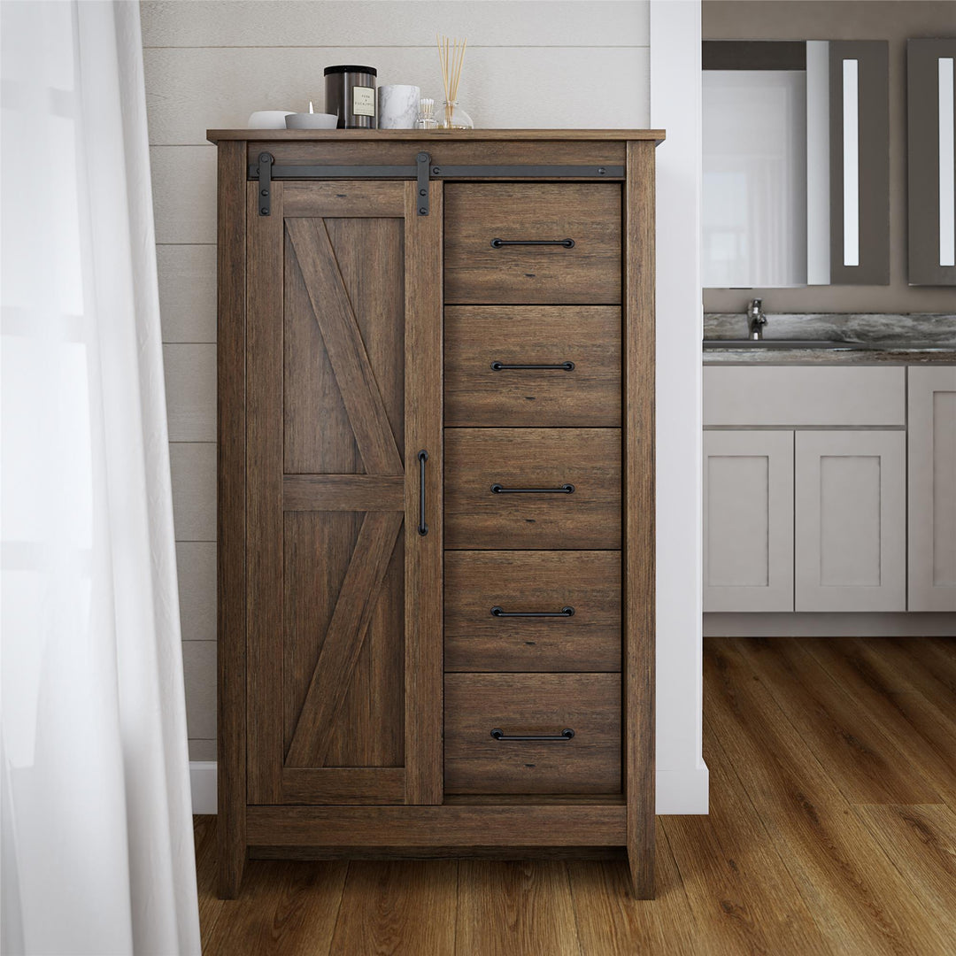 Alton Tall 5 Drawer Dresser with Sliding Barn Door and 3 Shelves - Rustic Walnut - 5 Drawer