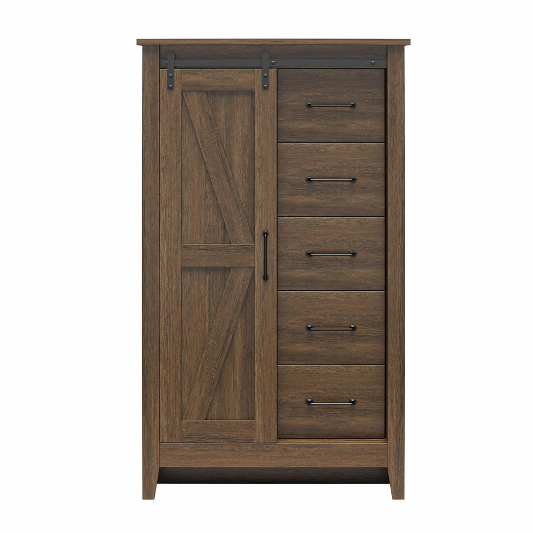 Alton Tall 5 Drawer Dresser with Sliding Barn Door and 3 Shelves - Rustic Walnut - 5 Drawer