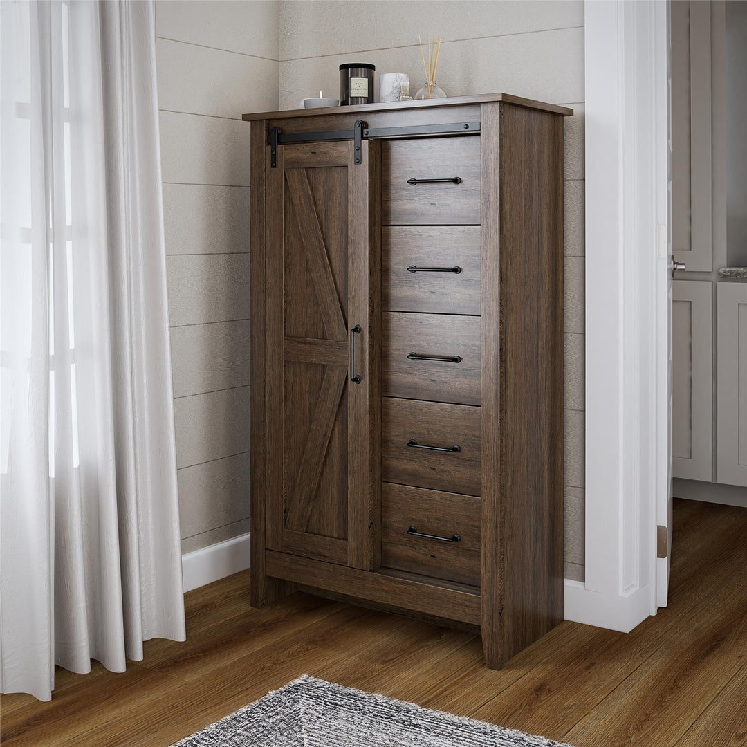 Alton Tall 5 Drawer Dresser with Sliding Barn Door and 3 Shelves - Rustic Walnut - 5 Drawer