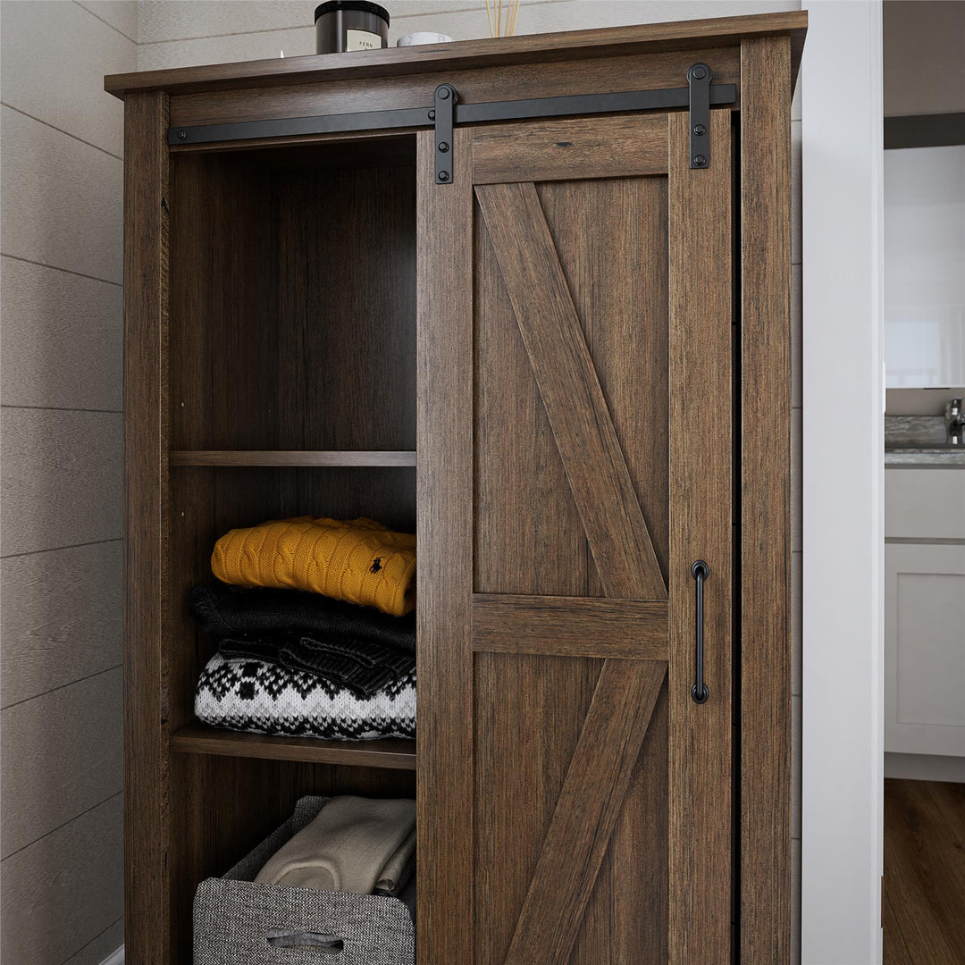 Alton Tall 5 Drawer Dresser with Sliding Barn Door and 3 Shelves - Rustic Walnut - 5 Drawer