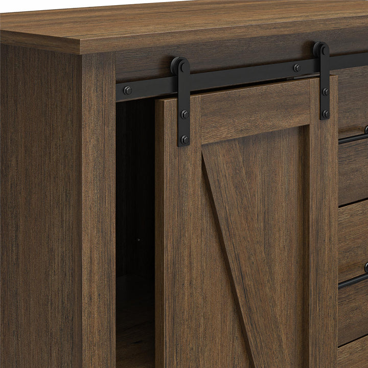 Alton Tall 5 Drawer Dresser with Sliding Barn Door and 3 Shelves - Rustic Walnut - 5 Drawer