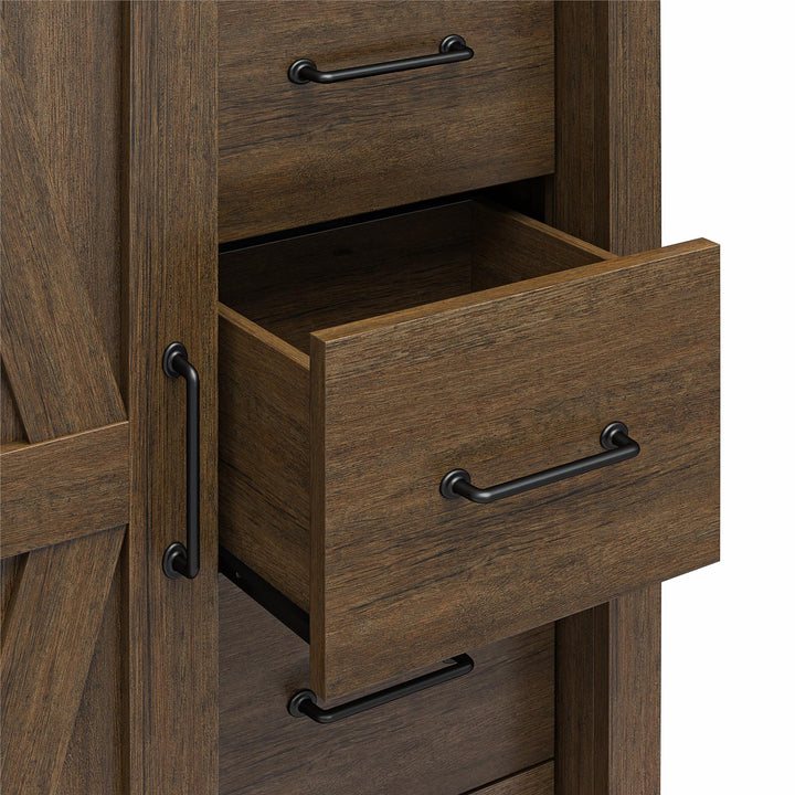 Alton Tall 5 Drawer Dresser with Sliding Barn Door and 3 Shelves - Rustic Walnut - 5 Drawer