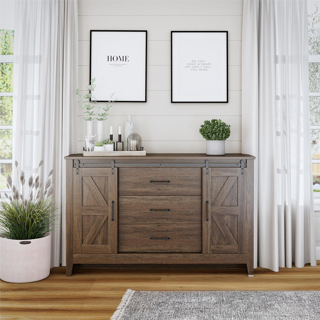 Alton 3 Drawer Dresser with 2 Sliding Barn Doors and 6 Shelves - Rustic Walnut - 3 Drawer
