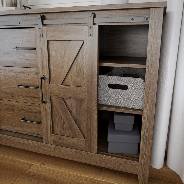 Alton 3 Drawer Dresser with 2 Sliding Barn Doors and 6 Shelves - Rustic Walnut - 3 Drawer