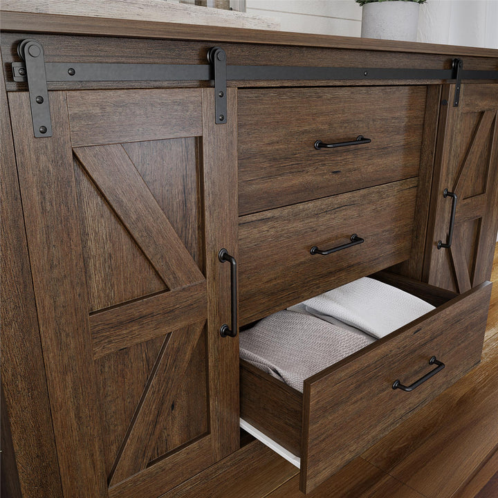 Alton 3 Drawer Dresser with 2 Sliding Barn Doors and 6 Shelves - Rustic Walnut - 3 Drawer