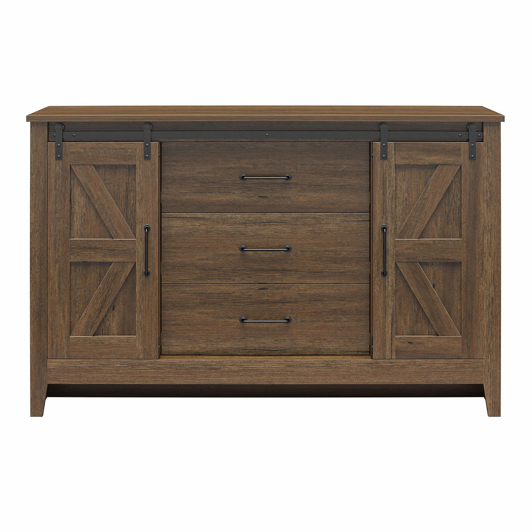 Alton 3 Drawer Dresser with 2 Sliding Barn Doors and 6 Shelves - Rustic Walnut - 3 Drawer