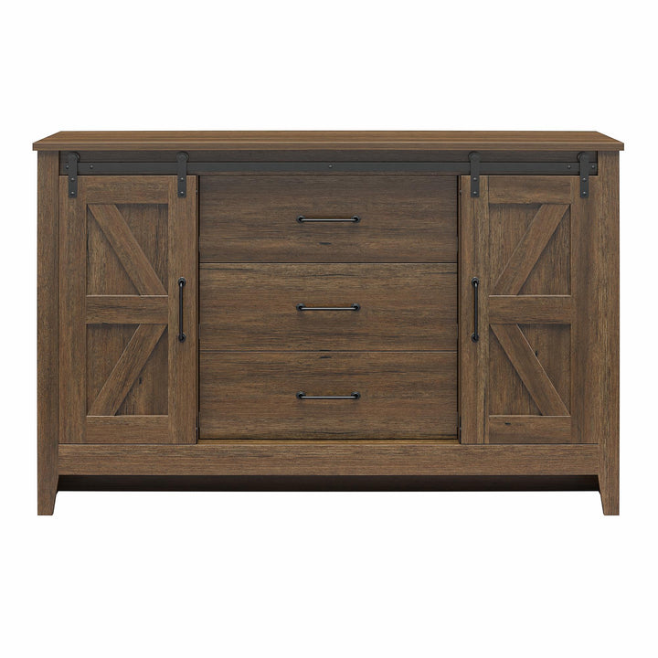 Alton 3 Drawer Dresser with 2 Sliding Barn Doors and 6 Shelves - Rustic Walnut - 3 Drawer