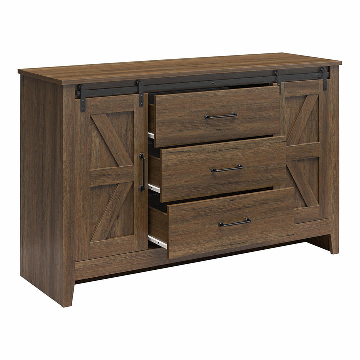 Alton 3 Drawer Dresser with 2 Sliding Barn Doors and 6 Shelves - Rustic Walnut - 3 Drawer