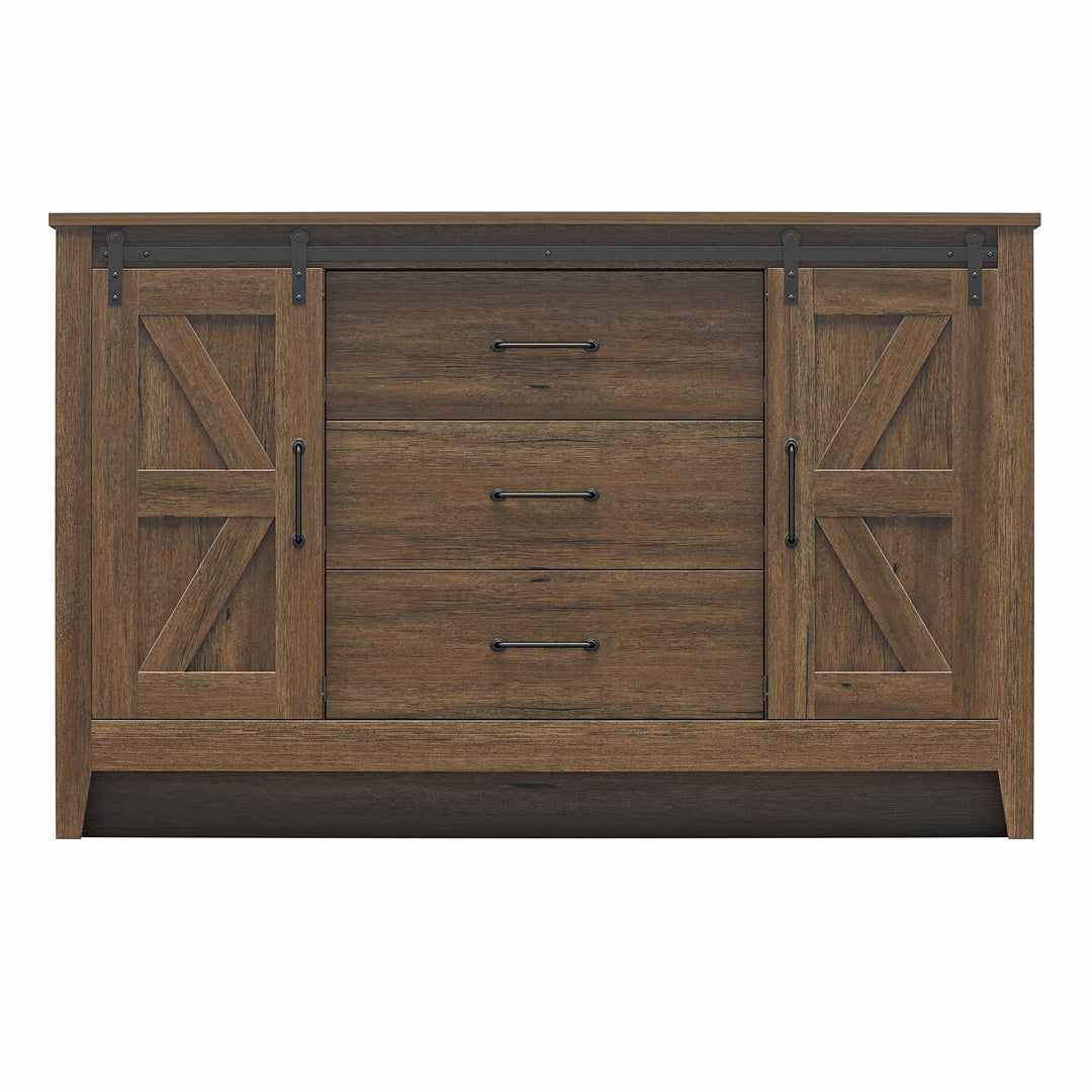Alton 3 Drawer Dresser with 2 Sliding Barn Doors and 6 Shelves - Rustic Walnut - 3 Drawer